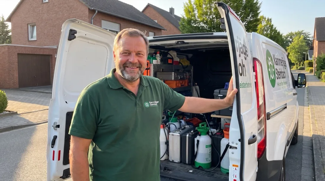 Thomas Steinbach belädt den Einsatzwagen von Kammerjäger Steinbach vor einem Wohnhaus